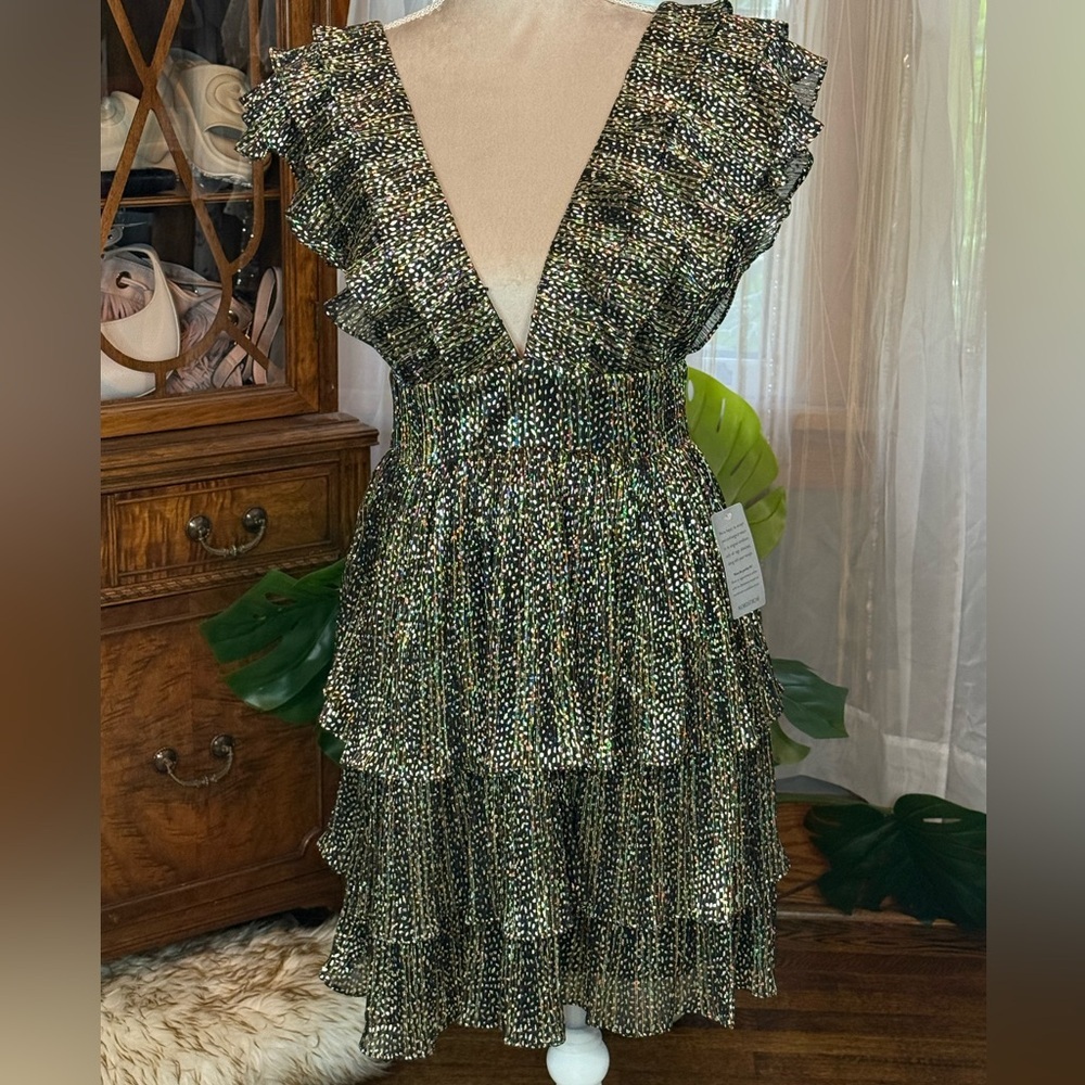 Socialite Mini Dot Ruffled Babydoll Dress in Black and Gold